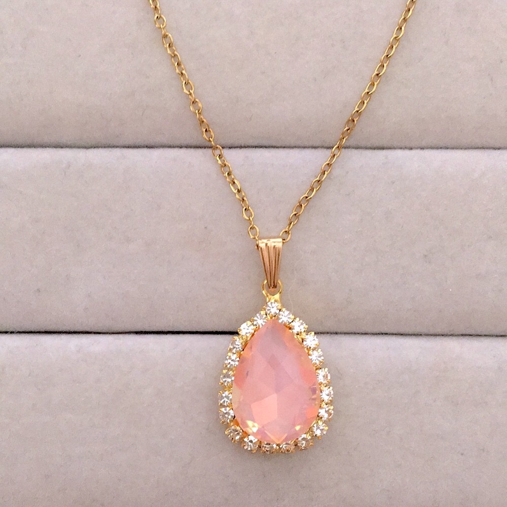 Peach Pink Opal Aurora Borealis + Gold Crystal Halo Pear Drop Pendant Necklace - Picture 6 of 6